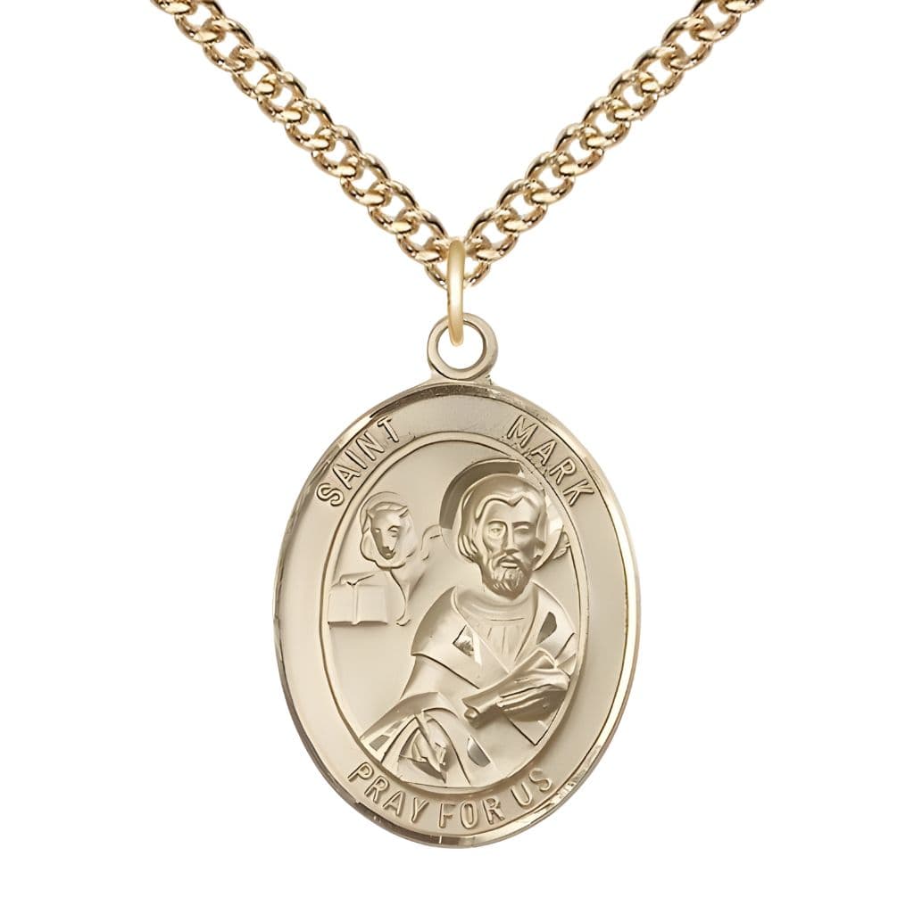 Bliss St. Mark the Evangelist 14kt Gold-filled Oval Medal Pendant with Gold-filled Chain, Measures 1-inch tall by 3/4-inch wide.