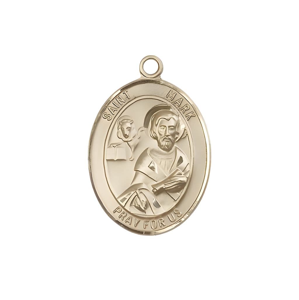 Bliss St. Mark the Evangelist 14kt Gold Oval Medal Pendant, Measures 1-inch tall by 3/4-inch wide.