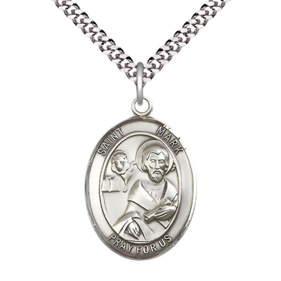 St. Mark the Evangelist Pewter Oval Medal Pendant with Rhodium-plated Chain, Measures 1-inch tall by 3/4-inch wide, Bliss Manufacturing