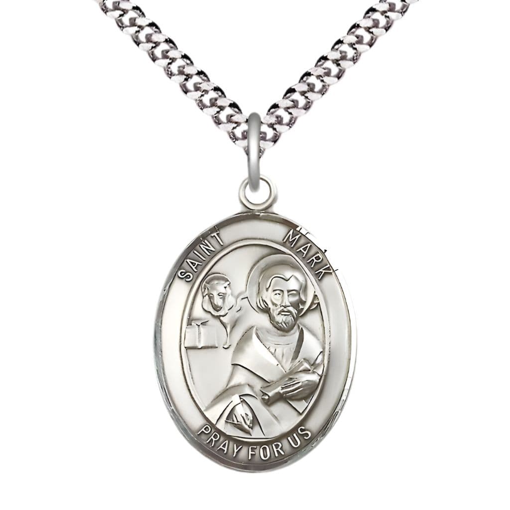 Bliss St. Mark the Evangelist Sterling Silver Oval Medal Pendant with Rhodium-plated Chain, Measures 1-inch tall by 3/4-inch wide.