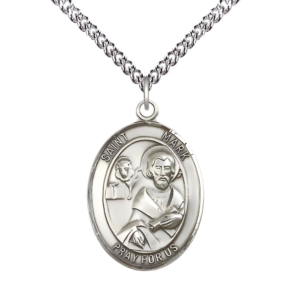 Bliss St. Mark the Evangelist Sterling Silver Oval Medal Pendant with Sterling Silver Chain, Measures 1-inch tall by 3/4-inch wide.