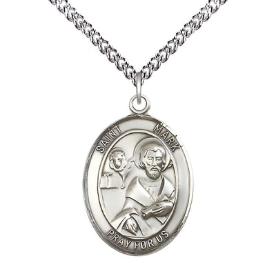 St. Mark the Evangelist Sterling Silver Oval Medal Pendant with Sterling Silver Chain, Measures 1-inch tall by 3/4-inch wide, Bliss Manufacturing