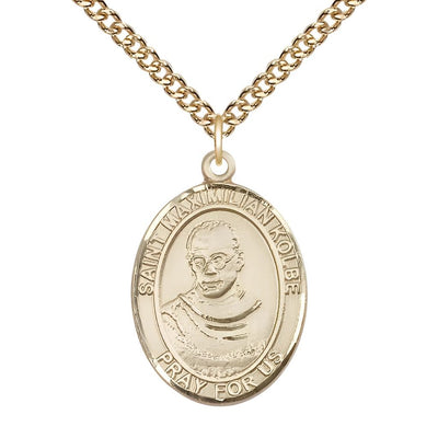 St. Maximilian Kolbe Gold-filled Oval Medal with Gold-filled Chain, Size 1-inch, Bliss Manufacturing