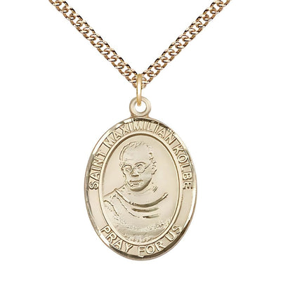 St. Maximilian Kolbe 14kt Gold Oval Medal with 14kt Gold Chain, Size 1-inch, Bliss Manufacturing