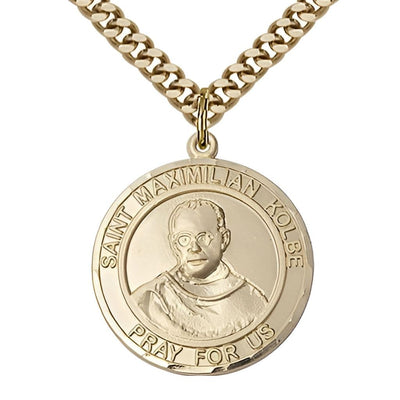 St. Maximilian Kolbe 14kt Gold-fllled Round Large Medal Necklace with Plated Chain, Size 1-inch, Bliss Manufacturing