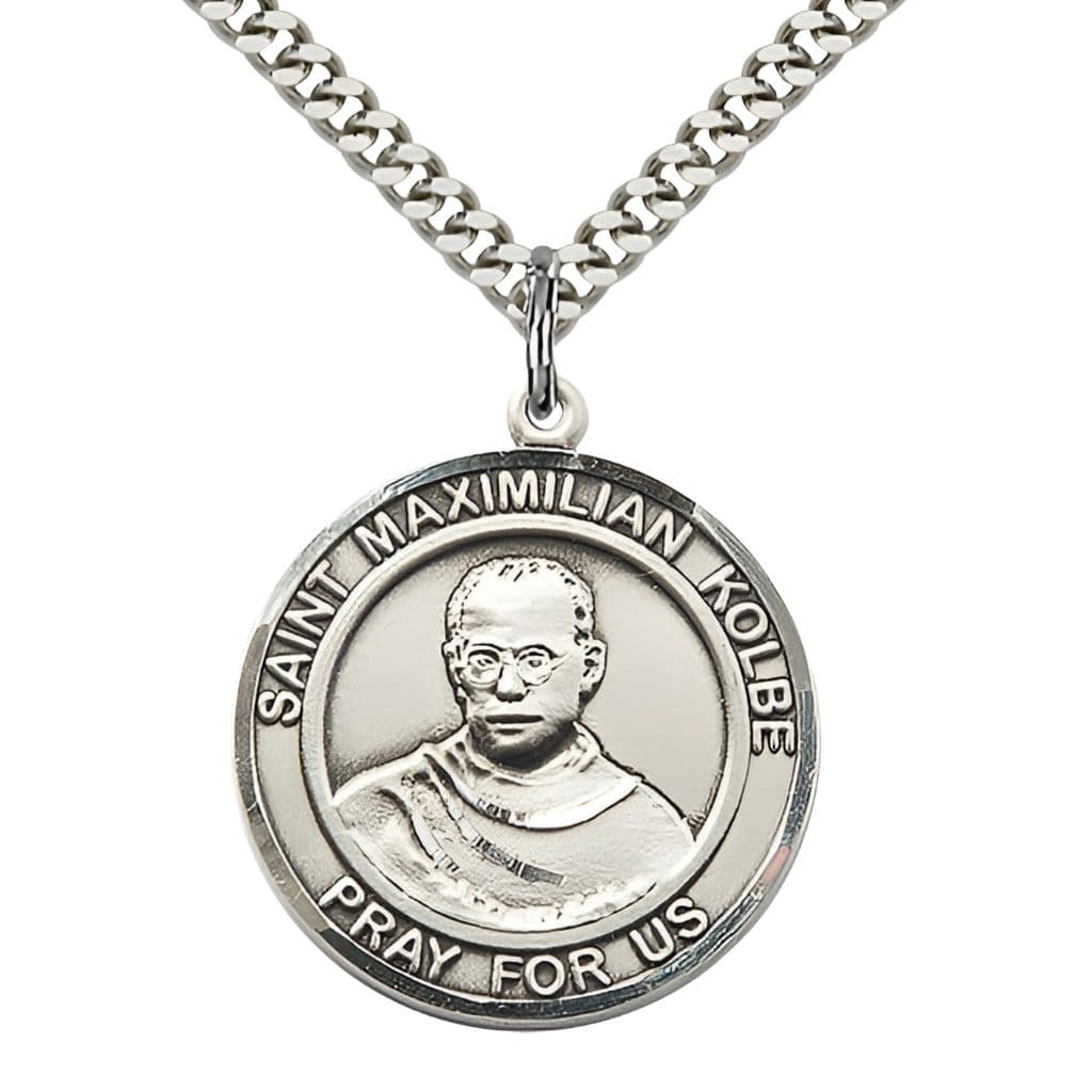 St. Maximilian Kolbe Sterling Silver Round Large Medal Necklace with Plated Chain, Size 1-inch,