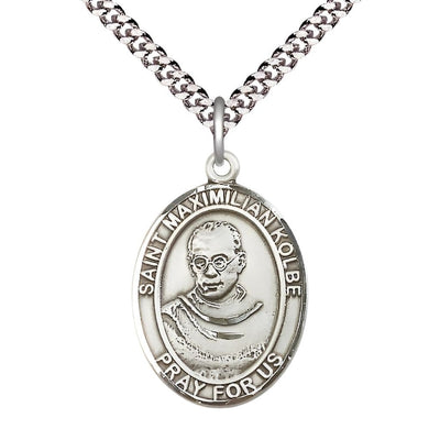 St. Maximilian Kolbe Pewter Oval Medal with Rhodium-plated, Size 1-inch, Bliss Manufacturing