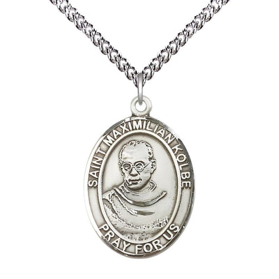 St. Maximilian Kolbe Sterling Silver Oval Medal with 24-inch Sterling Silver Chain, Size 1-inch, Bliss Manufacturing