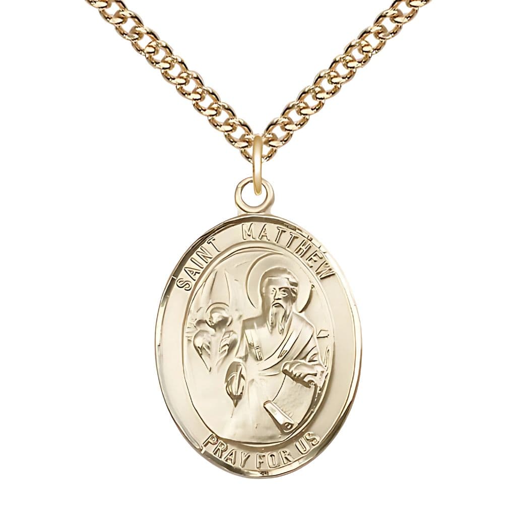 Bliss St. Matthew the Apostle 14kt Gold-filled Oval Medal with Gold-filled Chain, Measures 1-inch tall by 3/4-inch wide