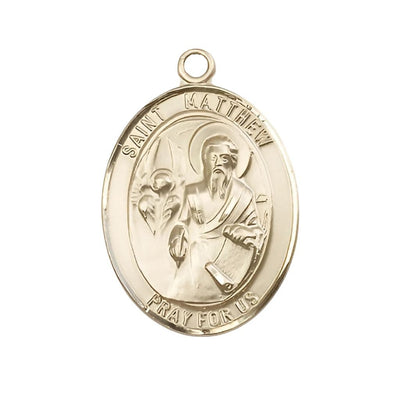 St. Matthew the Apostle 14kt Gold Oval Medal, Measures 1-inch tall by 3/4-inch wide, Bliss Manufacturing