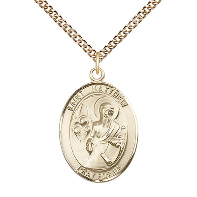 St. Matthew the Apostle 14kt Gold Oval Medal with 14kt Gold Chain, Measures 1-inch tall by 3/4-inch wide, Bliss Manufacturing