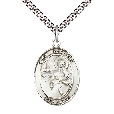 St. Matthew the Apostle Pewter Oval Medal with Rhodium-plated Chain, Measures 1-inch tall by 3/4-inch wide, Bliss Manufacturing
