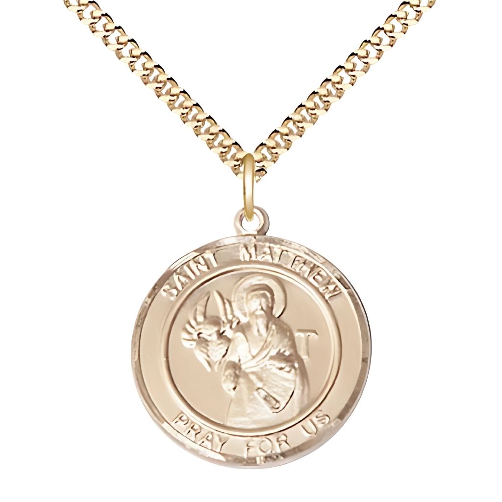 Bliss St. Matthew Round Gold-filled Round Engravable Medal with Gold-plated Chain, Large 1-inch tall by 7/8-inch wide