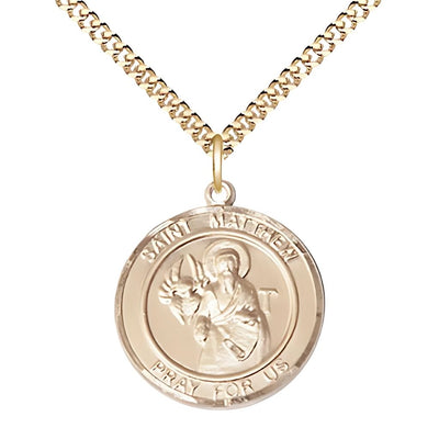 St. Matthew Round Gold-filled Round Engravable Medal with Gold-plated Chain, Large 1-inch tall by 7/8-inch wide, Bliss Manufacturing