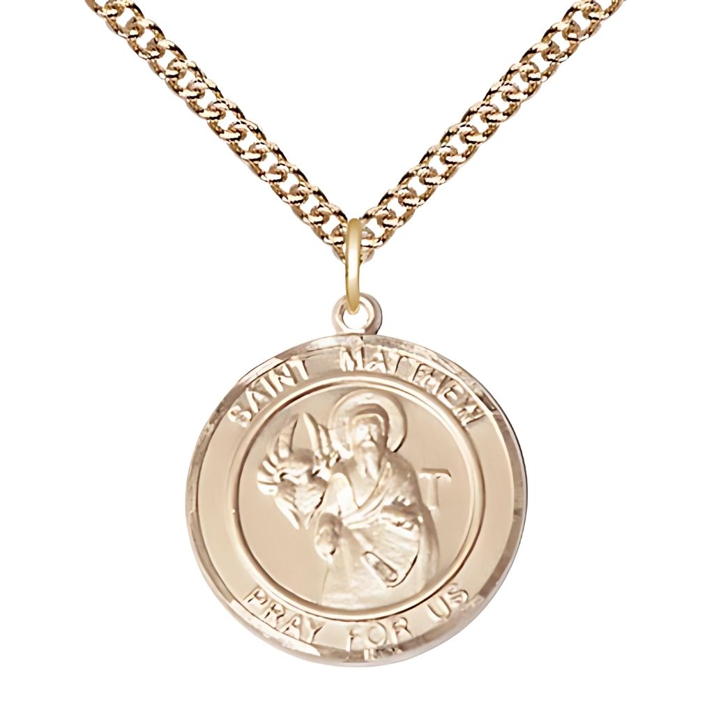 Bliss St. Matthew Round Gold-filled Round Engravable Medal with Gold-filled Chain, Large 1-inch tall by 7/8-inch wide