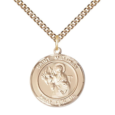 St. Matthew Round Gold-filled Round Engravable Medal with Gold-filled Chain, Large 1-inch tall by 7/8-inch wide, Bliss Manufacturing