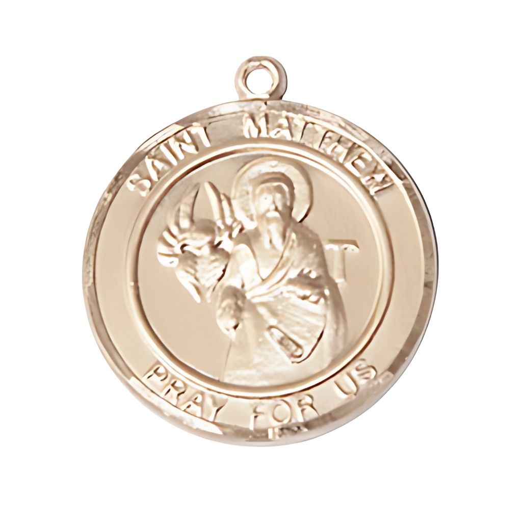 Bliss St. Matthew Round 14kt Gold Round Engravable Medal, Large 1-inch tall by 7/8-inch wide