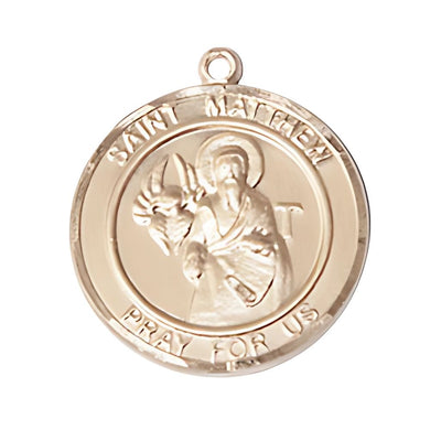 St. Matthew Round 14kt Gold Round Engravable Medal, Large 1-inch tall by 7/8-inch wide, Bliss Manufacturing