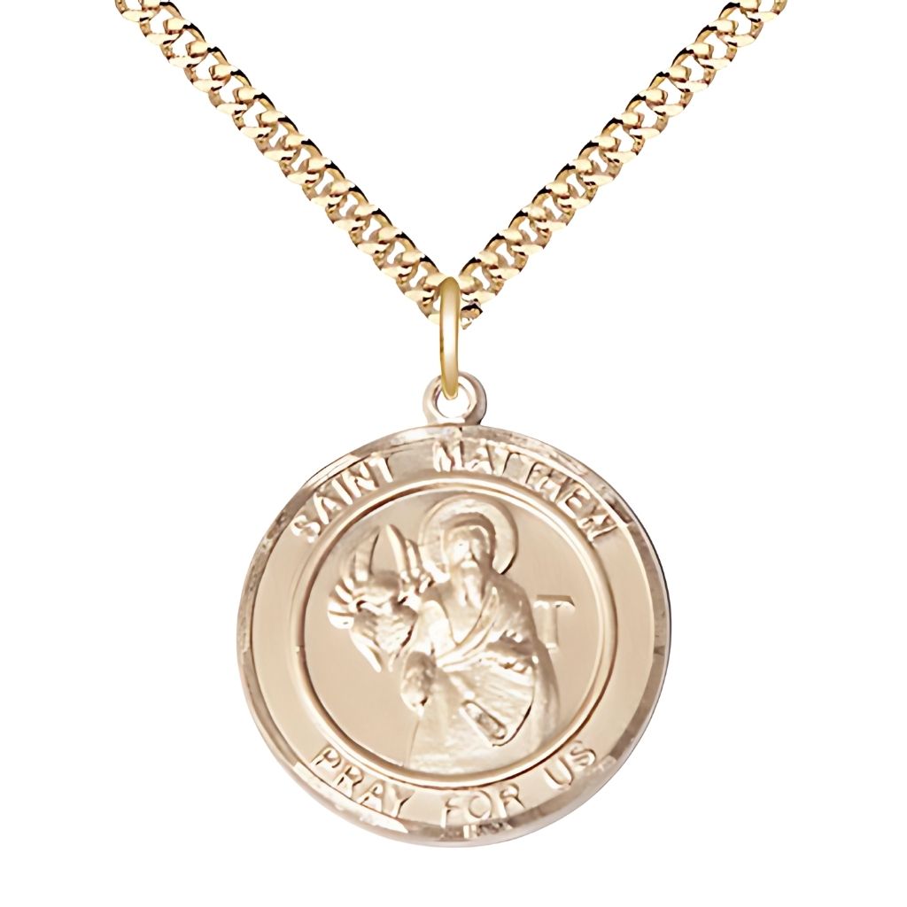 Bliss St. Matthew Round 14kt Gold Round Engravable Medal with 14kt Gold Chain, Large 1-inch tall by 7/8-inch wide
