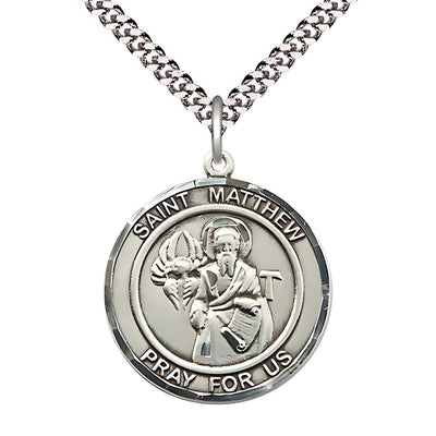 St. Matthew Round Pewter Round Engravable Medal with Plated Chain, Large 1-inch tall by 7/8-inch wide, Bliss Manufacturing