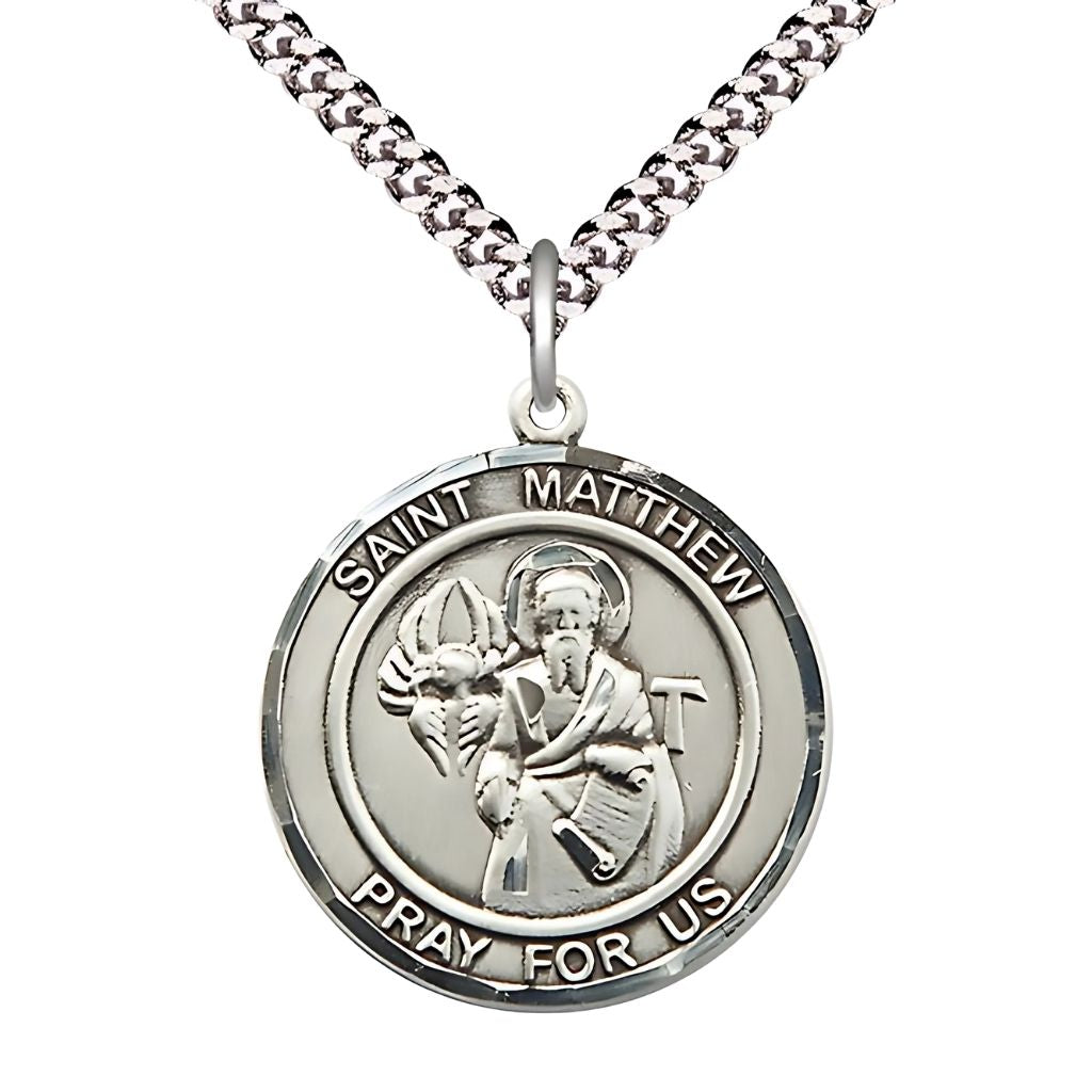Bliss St. Matthew Round Sterling Silver Round Engravable Medal with Plated Chain, Large 1-inch tall by 7/8-inch wide