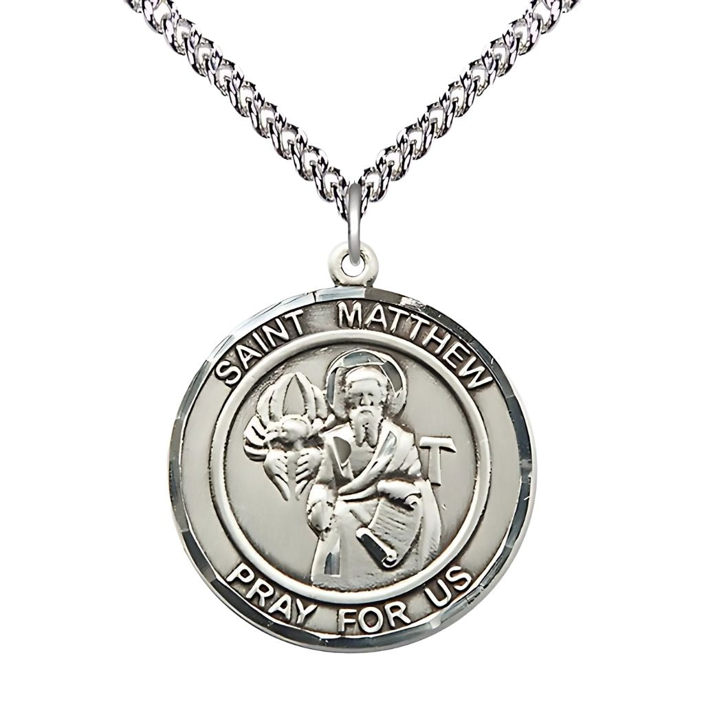 Bliss St. Matthew Round Sterling Silver Round Engravable Medal with Sterling Silver Chain, Large 1-inch tall by 7/8-inch wide