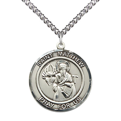 St. Matthew Round Sterling Silver Round Engravable Medal with Sterling Silver Chain, Large 1-inch tall by 7/8-inch wide, Bliss Manufacturing