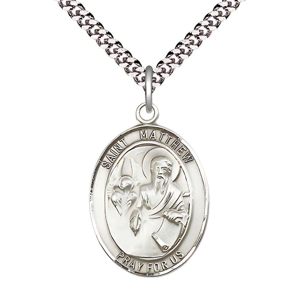 St. Matthew the Apostle Sterling Silver Oval Medal with Plated Chain, Measures 1-inch tall by 3/4-inch wide