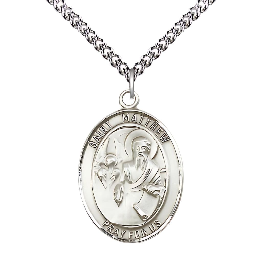 St. Matthew the Apostle Sterling Silver Oval Medal with Sterling Silver Chain, Measures 1-inch tall by 3/4-inch wide