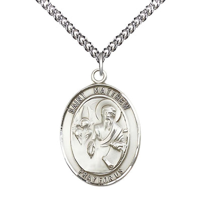 St. Matthew the Apostle Sterling Silver Oval Medal with Sterling Silver Chain, Measures 1-inch tall by 3/4-inch wide, Bliss Manufacturing