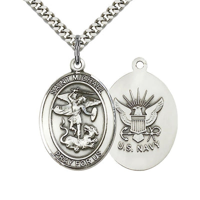 'St. Michael' and U.S. Navy Emblem Pewter Medal with Plated Chain, 1-inch, Bliss Manufacturing