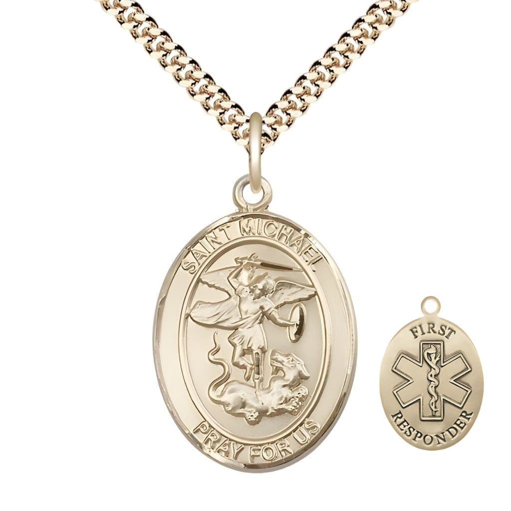 Bliss 1st Responder St. Michael the Archangel 14kt Gold-filled Oval Medal Pendant with Gold-plated Chain, Measures 1-inch tall by 3/4-inch wide. Deluxe Gift Box.