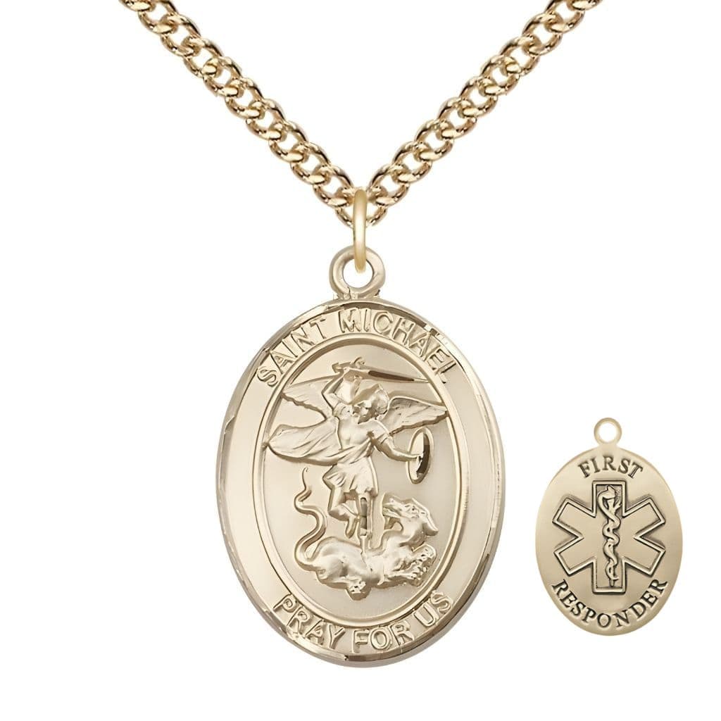 Bliss 1st Responder St. Michael the Archangel 14kt Gold-filled Oval Medal Pendant with Gold-filled Chain, Measures 1-inch tall by 3/4-inch wide. Deluxe Gift Box.