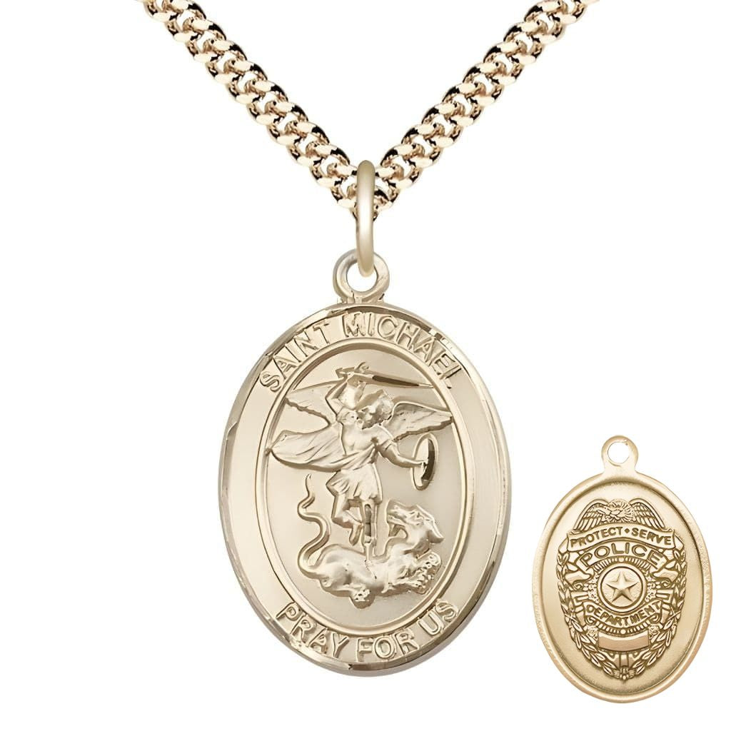 Bliss Police Officer St. Michael the Archangel 14kt Gold-filled Round Medal Pendant with Gold-plated Chain, Measures 1-inch tall by 7/8-inch wide. Deluxe Gift Box.