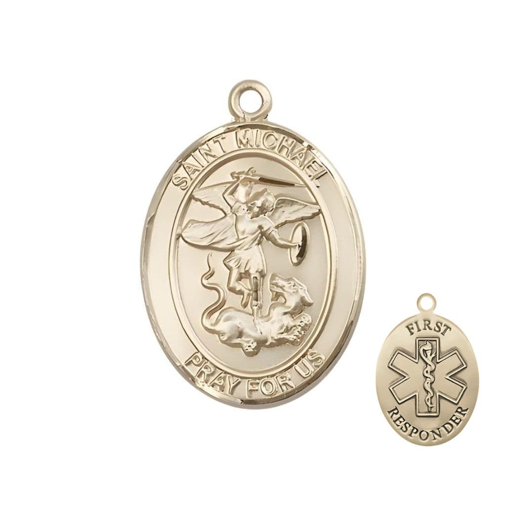 Bliss 1st Responder St. Michael the Archangel 14kt Gold Oval Medal Pendant, Measures 1-inch tall by 3/4-inch wide. Deluxe Gift Box.