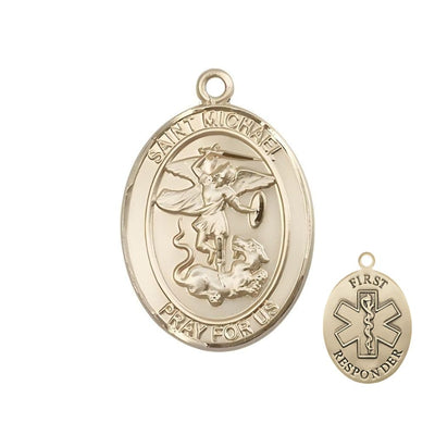 1st Responder St. Michael the Archangel 14kt Gold Oval Medal Pendant, Measures 1-inch tall by 3/4-inch wide. Deluxe Gift Box, Bliss Manufacturing