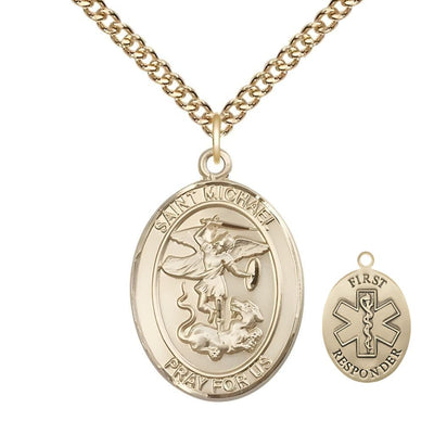 1st Responder St. Michael the Archangel 14kt Gold Oval Medal Pendant with 14kt Gold Chain, Measures 1-inch tall by 3/4-inch wide. Deluxe Gift Box, Bliss Manufacturing
