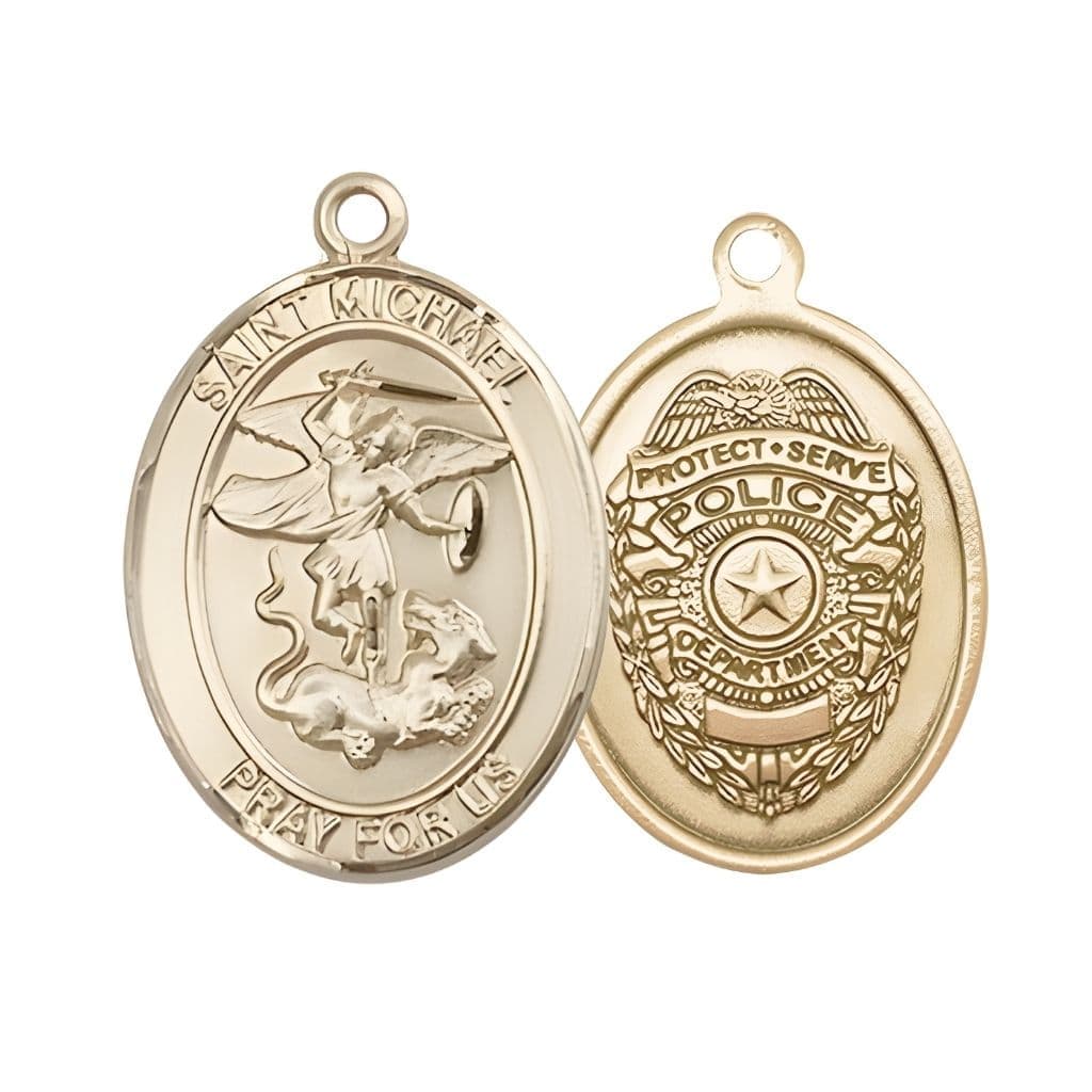 Bliss Police Officer St. Michael the Archangel 14kt Gold Oval Medal Pendant, Measures 1-inch tall by 3/4-inch wide. Deluxe Gift Box.