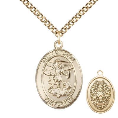 Police Officer St. Michael the Archangel 14kt Gold Oval Medal Pendant with 14kt Gold Chain, Measures 1-inch tall by 3/4-inch wide. Deluxe Gift Box, Bliss Manufacturing