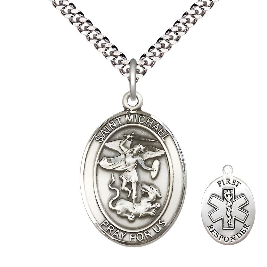 Bliss 1st Responder St. Michael the Archangel Pewter Oval Medal Pendant with Rhodium-plated Chain, Measures 1-inch tall by 3/4-inch wide. Deluxe Gift Box.