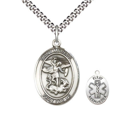 1st Responder St. Michael the Archangel Pewter Oval Medal Pendant with Rhodium-plated Chain, Measures 1-inch tall by 3/4-inch wide. Deluxe Gift Box, Bliss Manufacturing