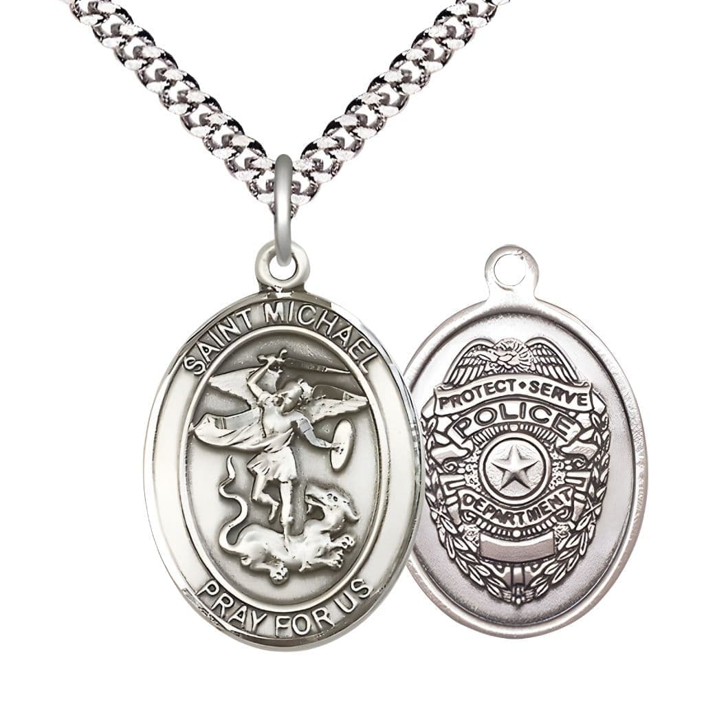 Bliss Police Officer St. Michael the Archangel Pewter Round Medal Pendant with Rhodium-plated Chain, Measures 1-inch tall by 7/8-inch wide. Deluxe Gift Box.