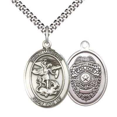 Police Officer St. Michael the Archangel Pewter Round Medal Pendant with Rhodium-plated Chain, Measures 1-inch tall by 7/8-inch wide. Deluxe Gift Box, Bliss Manufacturing