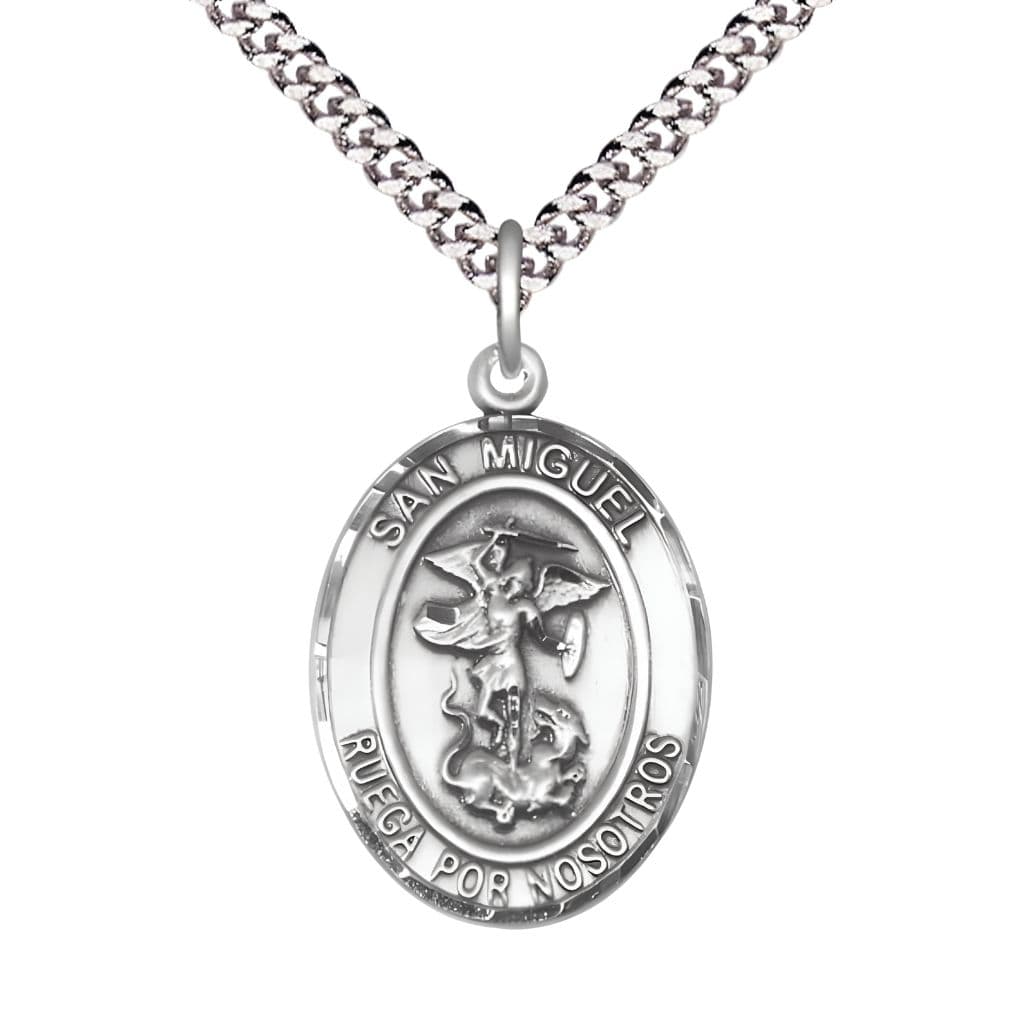 Bliss Spanish San Miguel Arcangel Pewter Oval Medal Pendant with Rhodium-plated Chain, Measures 1-inch tall by 3/4-inch wide. Deluxe Gift Box.