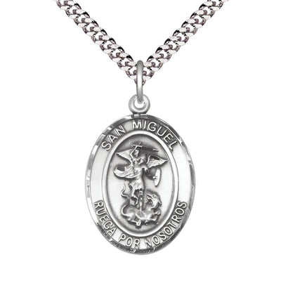 Spanish San Miguel Arcangel Pewter Oval Medal Pendant with Rhodium-plated Chain, Measures 1-inch tall by 3/4-inch wide. Deluxe Gift Box, Bliss Manufacturing