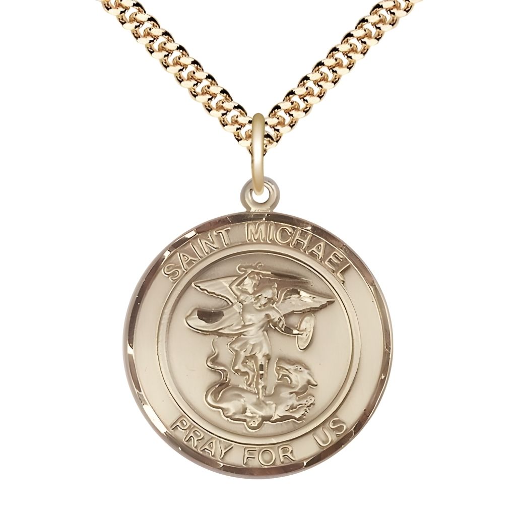 Bliss St. Michael the Archangel 14kt Gold-filled Round Medal Pendant with Gold-plated Chain, Measures 1-inch tall by 7/8-inch wide. Deluxe Gift Box.