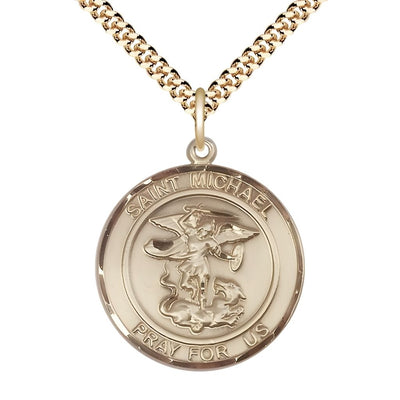 St. Michael the Archangel 14kt Gold-filled Round Medal Pendant with Gold-plated Chain, Measures 1-inch tall by 7/8-inch wide. Deluxe Gift Box, Bliss Manufacturing