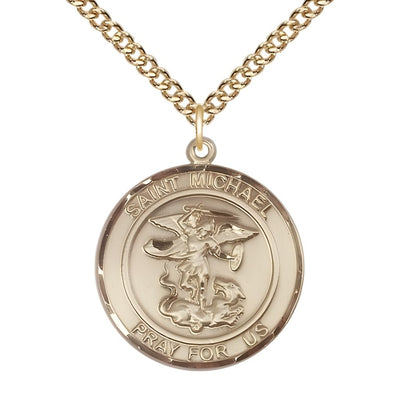 St. Michael the Archangel 14kt Gold-filled Round Medal Pendant with Gold-filled Chain, Measures 1-inch tall by 7/8-inch wide. Deluxe Gift Box, Bliss Manufacturing