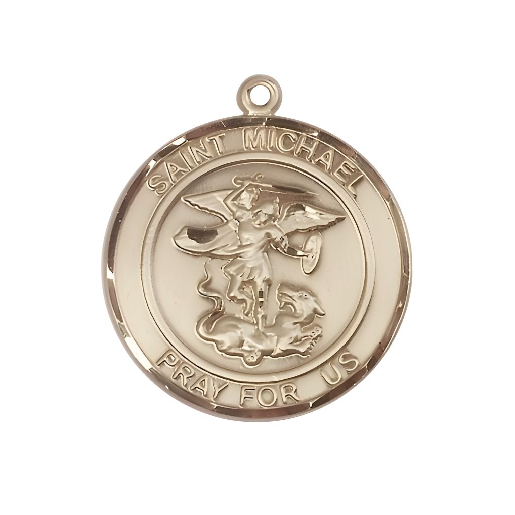 Bliss St. Michael the Archangel 14kt Gold Round Medal Pendant, Measures 1-inch tall by 7/8-inch wide.