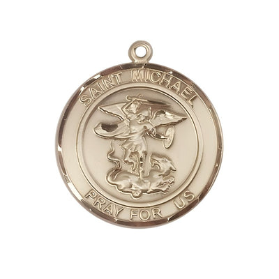 St. Michael the Archangel 14kt Gold Round Medal Pendant, Measures 1-inch tall by 7/8-inch wide, Bliss Manufacturing